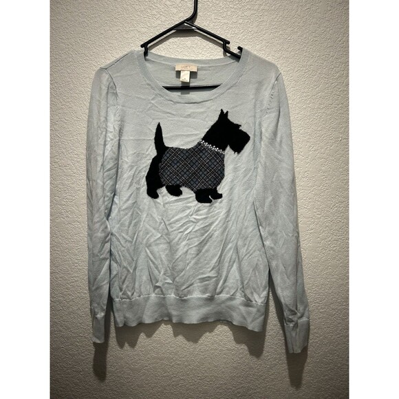 Loft Cotton Sweater Baby Blue Scottie Dog Rhinestone Collar Women Size Medium - Picture 1 of 8